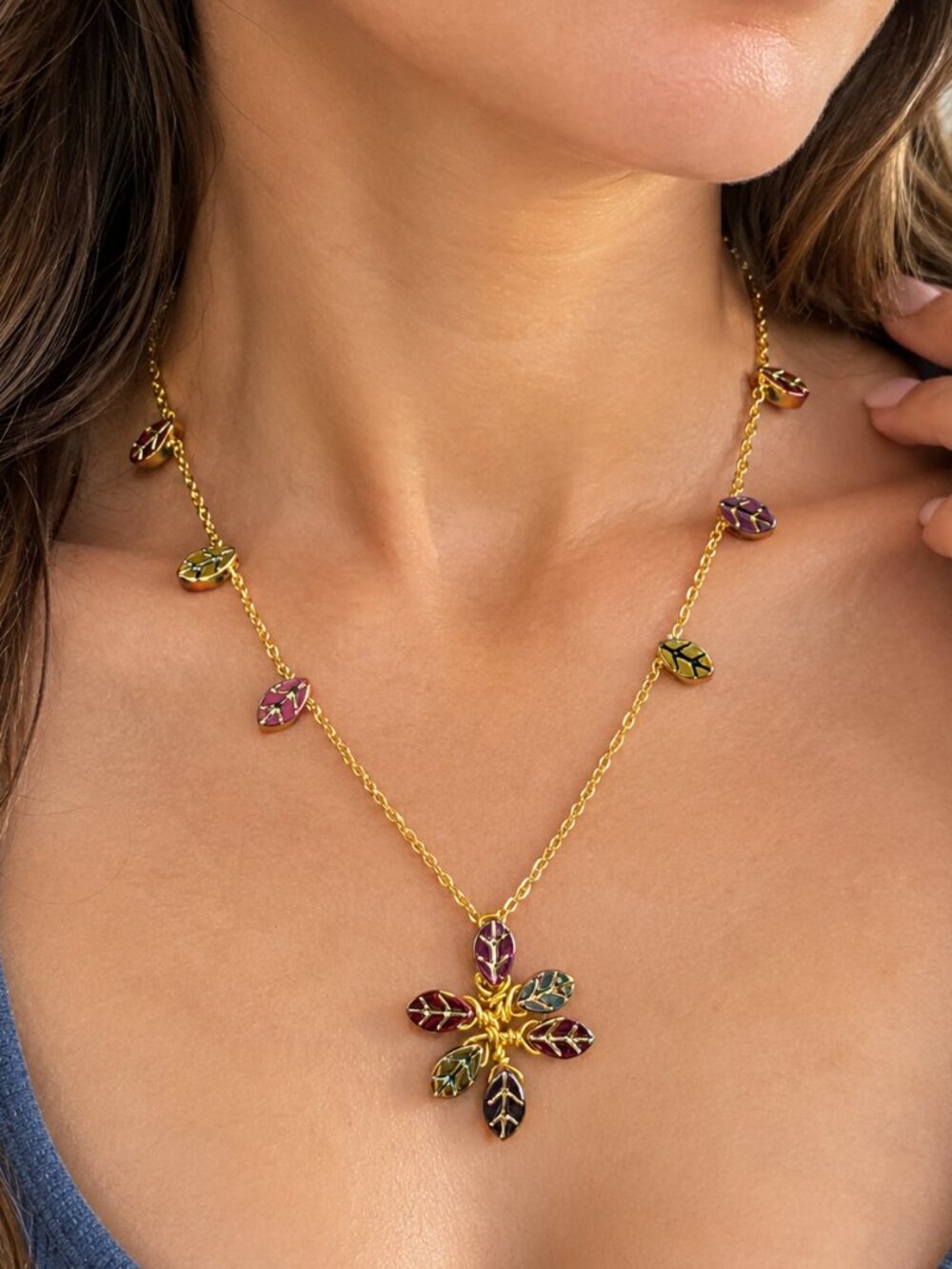 Handmade Autumn Leaves Charm Necklace | Gold-Plated Fall Jewelry | Rustic Season